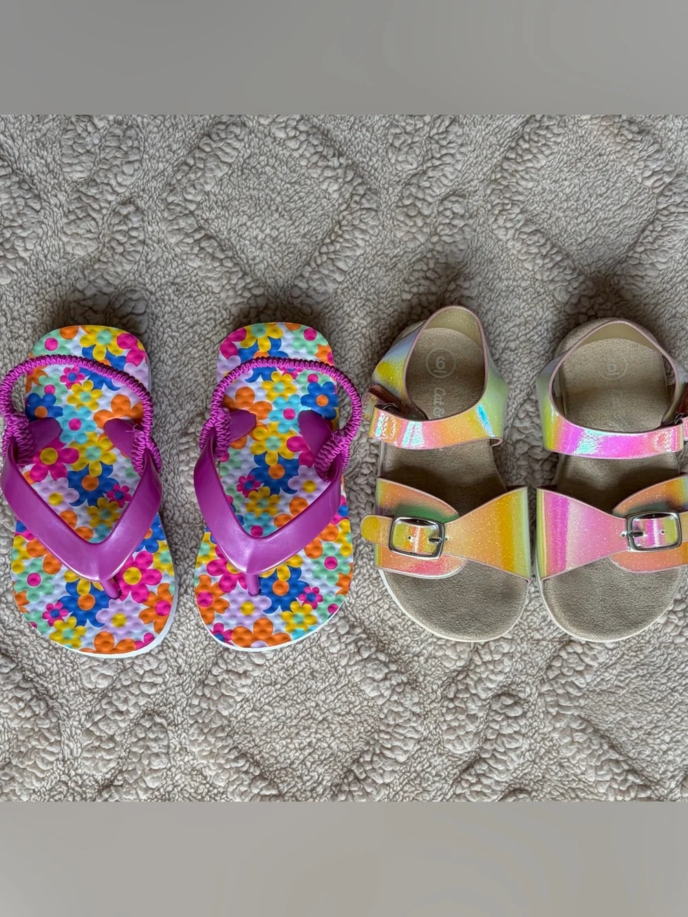 Girls Sandal Bundle - Floral Iridescent Summer Shoes With Ankle Straps, Size 5/6